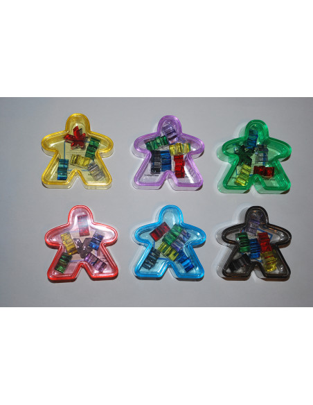  meeples colorés transparents (4 cm )   contenant 6 mini meeples transparents colorés (1cm ) 